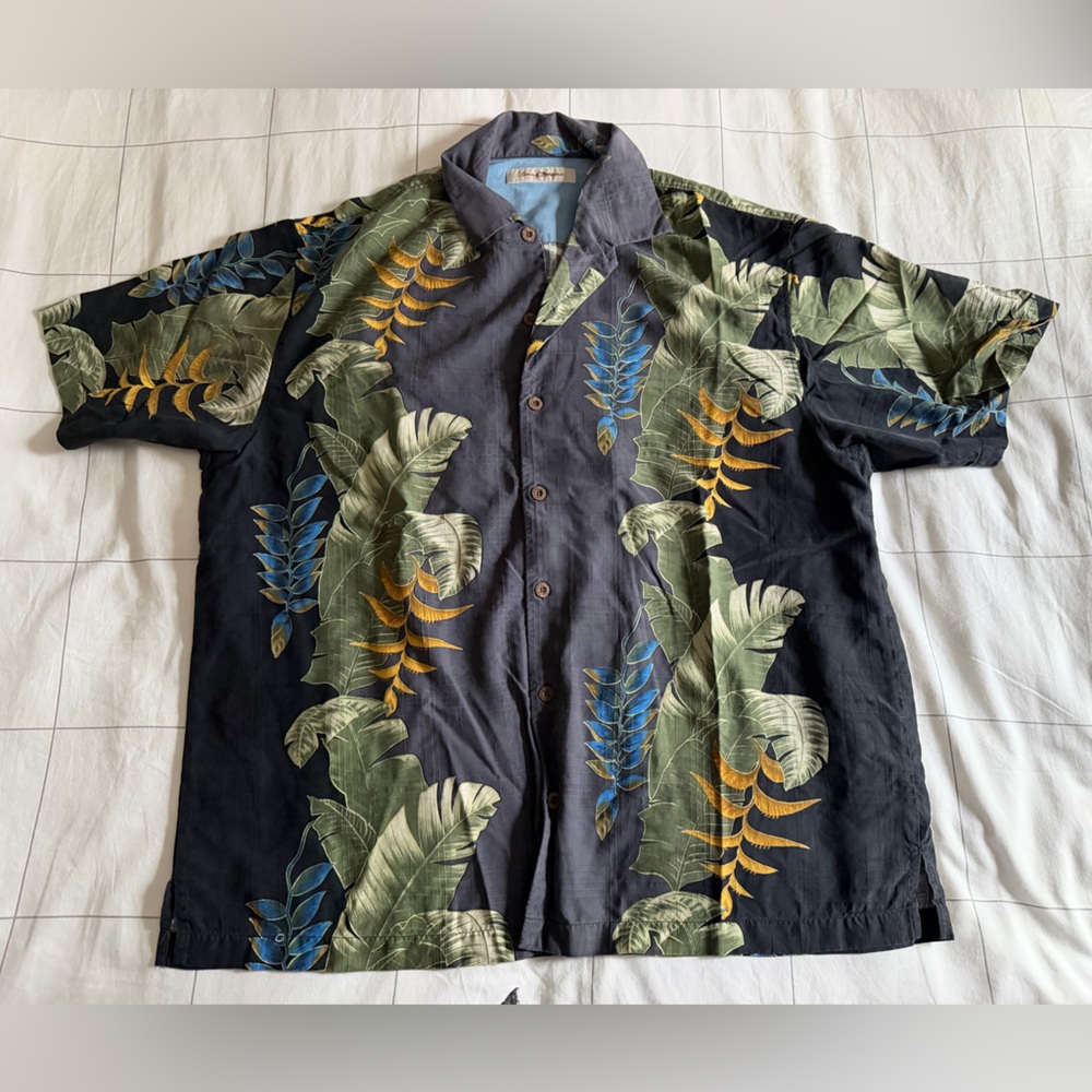 Tommy Bahama Men's Tropical Print Silk Shirt - Black with Green and Blue Accents